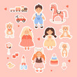 © Ludmila - Collection children toys stickers. Cute Kids doll toys girls and funny boy, plush animals, rocking horse, pyramid, car, train, cubes, pacifier and rattle. Vector isolate illustration in cartoon style