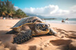 focused shot of a turtle on a beach, wildlife photography. Generative AI