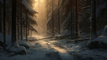 Serene Snowy Path In The Woods Illustration 