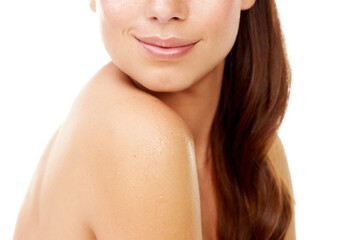 Poster - Body, skincare and woman closeup relax in studio, white background or dermatology in beauty salon or spa. Natural, glow and girl with cosmetics, mockup or collagen treatment for skin wellness