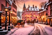  A quaint village square with charming old buildings covered in snow. Festive wreaths and garlands hang from lampposts, and a horse-drawn carriage filled with happy carolers passes by. The sky is pain
