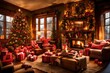 A cozy den with a crackling fireplace, decked out in festive decor. The room is filled with the warm glow of twinkling lights, and a collection of beautifully wrapped gifts and fresh flower arrangemen