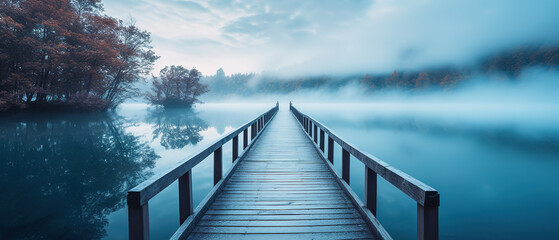 a wooden path to calm lake, landscape nature photo, minimal wallpaper