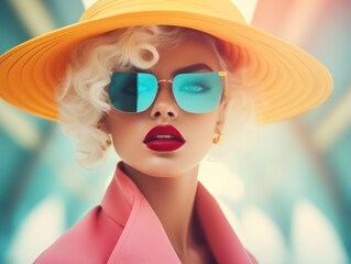 photo of a stylish woman wearing clothes made from bright beautiful fashionable modern colors. Style, beauty and fashion concept