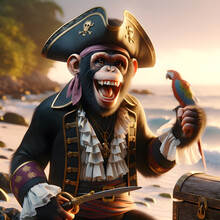 Realistic Chimpanzee Adorned In Traditional Pirate Costume On Tropical Beach At Sunset. Generative AI