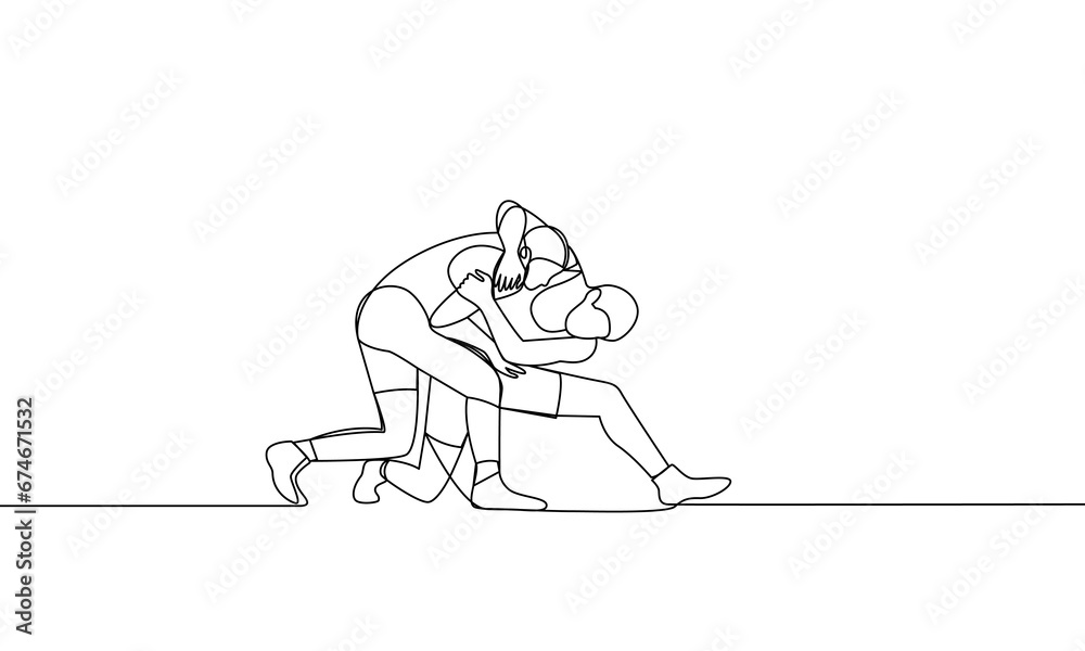 Single continuous drawing of two men fighting. Wrestling. One line ...