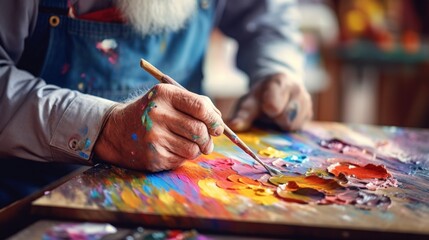 Poster - An old man painting with a brush on an easel, AI