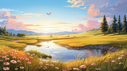 Wall Mural - nature meadow view sun landscape illustration field summer, morning countryside, sky rise nature meadow view sun landscape