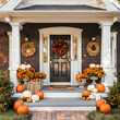 cute and cozy cottage with fall decorations pumpkins on the front