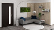 Interior design di un soggiorno con verde stabilizzato come cornice, listelli di legno .Interior design of a living room with stabilized greenery as a frame, wooden slats and lamp.