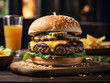 © W2GO - cheeseburger menu and cola with fries on wooden table