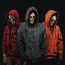 A Group Of People Wearing Skulls And Hoodies