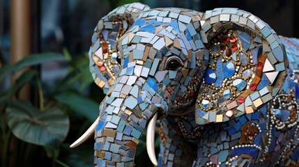 Canvas Print - A mosaic elephant statue is on display in a garden, AI