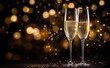 Two glasses of champagne on dark background with lights bokeh, glitter and sparks. Christmas celebration concept with space for text