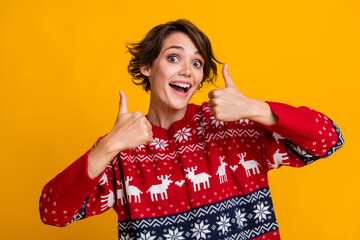 Poster - Portrait of overjoyed funky woman with stylish hairdo wear ornament sweater showing thumbs up approve isolated on yellow color background