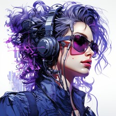 Sticker - a woman with purple hair wearing sunglasses and headphones