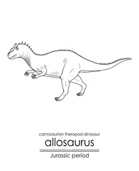 Poster - Allosaurus, a Jurassic period carnosaurian theropod dinosaur, a large carnivorous predator. Black and white line art, perfect for coloring and educational purposes.