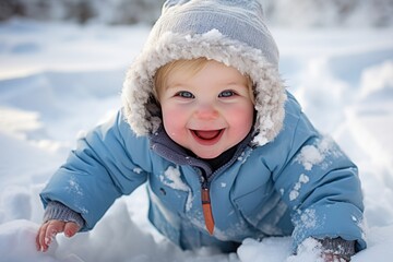 Toddler making snow angel in fresh snow