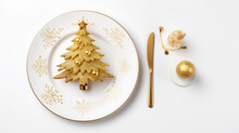 A Festive Table Setting With Christmas Tree In The Center Of A White Plate Adorned With Golden Snowflake Patterns