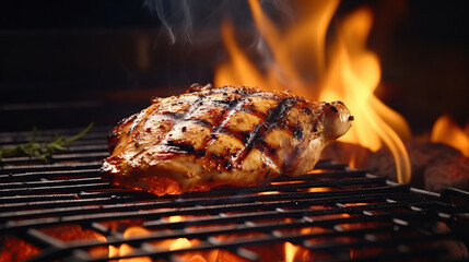 Grilled chicken breast on a grill grate with flames under it.