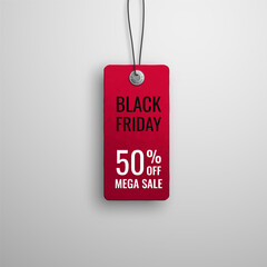 Wall Mural - Black friday sale. Realistic price tag image. Red label on a white background. Special offer or shopping discount label. Sale, 50% discount, big discounts. Vector image.