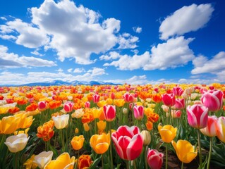 A Vibrant Tapestry of Color: Tulips Dancing in a Blue Sky. A field full of colorful tulips under a blue sky