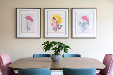 dining room , colorful walls, 2 -3 framed prints above bed, light neutrals with pops of bright pink, blue