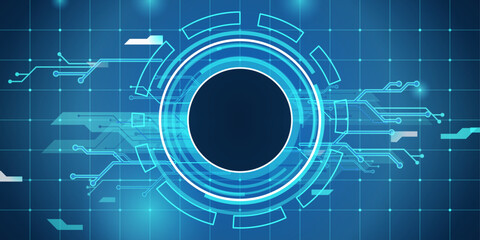 Poster - Abstract technology background with circles in center. Hi tech, digital connect, big data, blockchain technology innovation concept with glowing light elements. Vector illustration on blue background