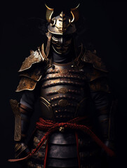 Wall Mural - Illustration of a samurai warrior fully dressed in samurai war clothes. Isolated on dark background.