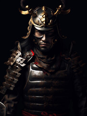 Wall Mural - Illustration of a samurai warrior fully dressed in samurai war clothes. Isolated on dark background.