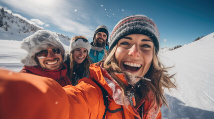 a happy young female skier takes a selfie on a ski slope with her friends