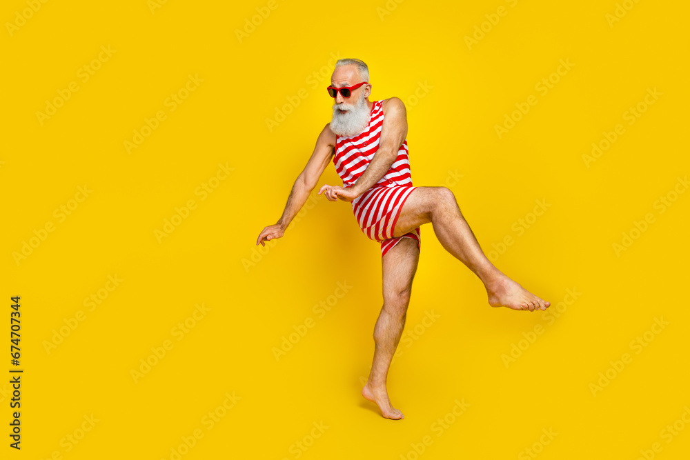 Full length photo of impressed funny senior man wear red striped ...