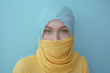 Portrait of a green-eyed Muslim girl wearing a blue hijab with a yellow face patch against a blue wall.