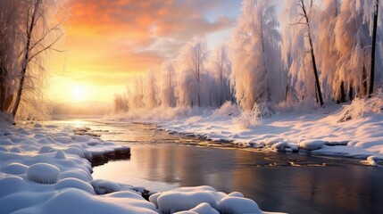 Wall Mural - cold winter river bright landscape illustration water frost, season ice, outdoor sky cold winter riv