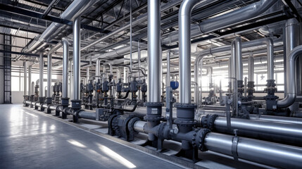 Steel water piping structure with circulation pumps and valves in industrial building.