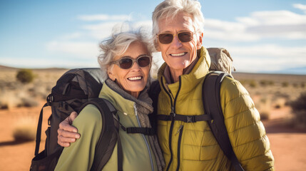 Poster - Elderly couple with joyful smiles, taking a selfie while hiking outdoors, equipped with backpacks, hats, and sunglasses, amidst a lush green forest backdrop.