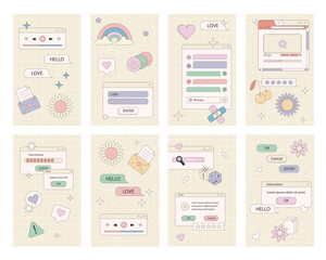 Set of vaporwave retro futuristic lofi post templates for social media. 80s 90s aesthetic square backgrounds with old computer user interface, dialog window and nostalgic elements. Vector illustration