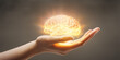 Hand of Person Holding Glowing Illumination Brain Neuro in Warm White, Brilliant Idea Smart Concept