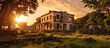 At golden hour the warm and inviting tones of a vintage colonial house beautifully complement the stunning nature landscape as it stands amidst the ruins of surrounding buildings making it 