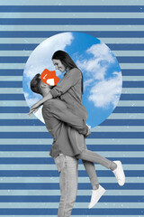 Poster - Picture collage sketch of enamored man hold lovely girl kissing hugging isolated on blue drawing background