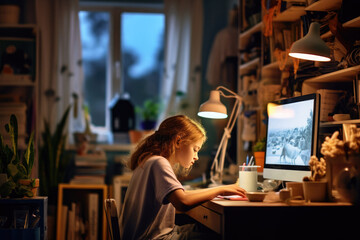 Wall Mural - teenage boy at a laptop online learning in headphones, hoodie, blue bokeh at home.Generative AI