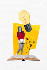 Poster - Creative drawing collage picture of young female read book brilliant idea electric bulb surrealism template metaphor artwork concept