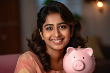 Head shot portrait of smiling Indian mother with 7s Caucasian son holding pink piggy bank, hugging and sitting on couch, happy family saving money for future