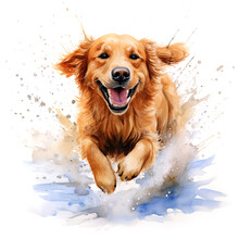 Beautiful Golden Retriever Dog Running Through A Puddle. Watercolour Painting Isolated On White Background.