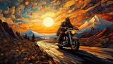 Fototapeta  - Motocyklista podróżujący o zachodzie słońca. 