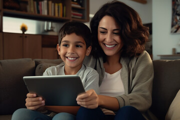 Wall Mural - Smiling Latin mother with son using tablet at home, relaxing sitting on cozy couch together.