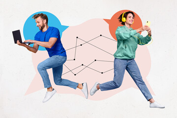 Fototapete - Artwork magazine collage picture of funny boyfriend girlfriend sending messages modern device isolated drawing background
