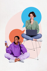 Poster - photo collage artwork minimal picture of smiling friends communicating modern device isolated graphi