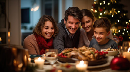 Wall Mural - Family enjoying a warm, festive Christmas dinner together, with children smiling, candles glowing, and a decorated Christmas tree in the background.