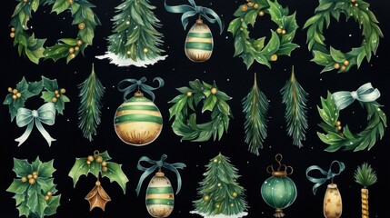 Wall Mural - A collection of christmas decorations on a black background